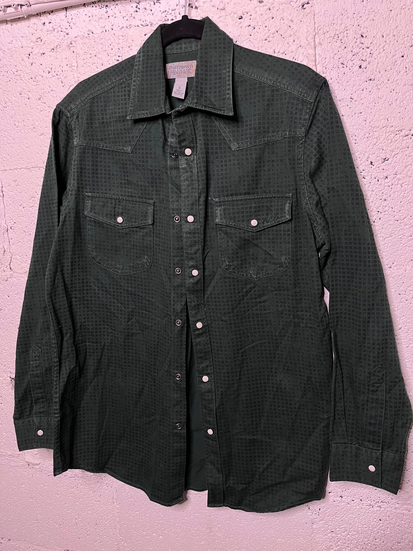 Green and Black Distressed Pearl Snap Button Up