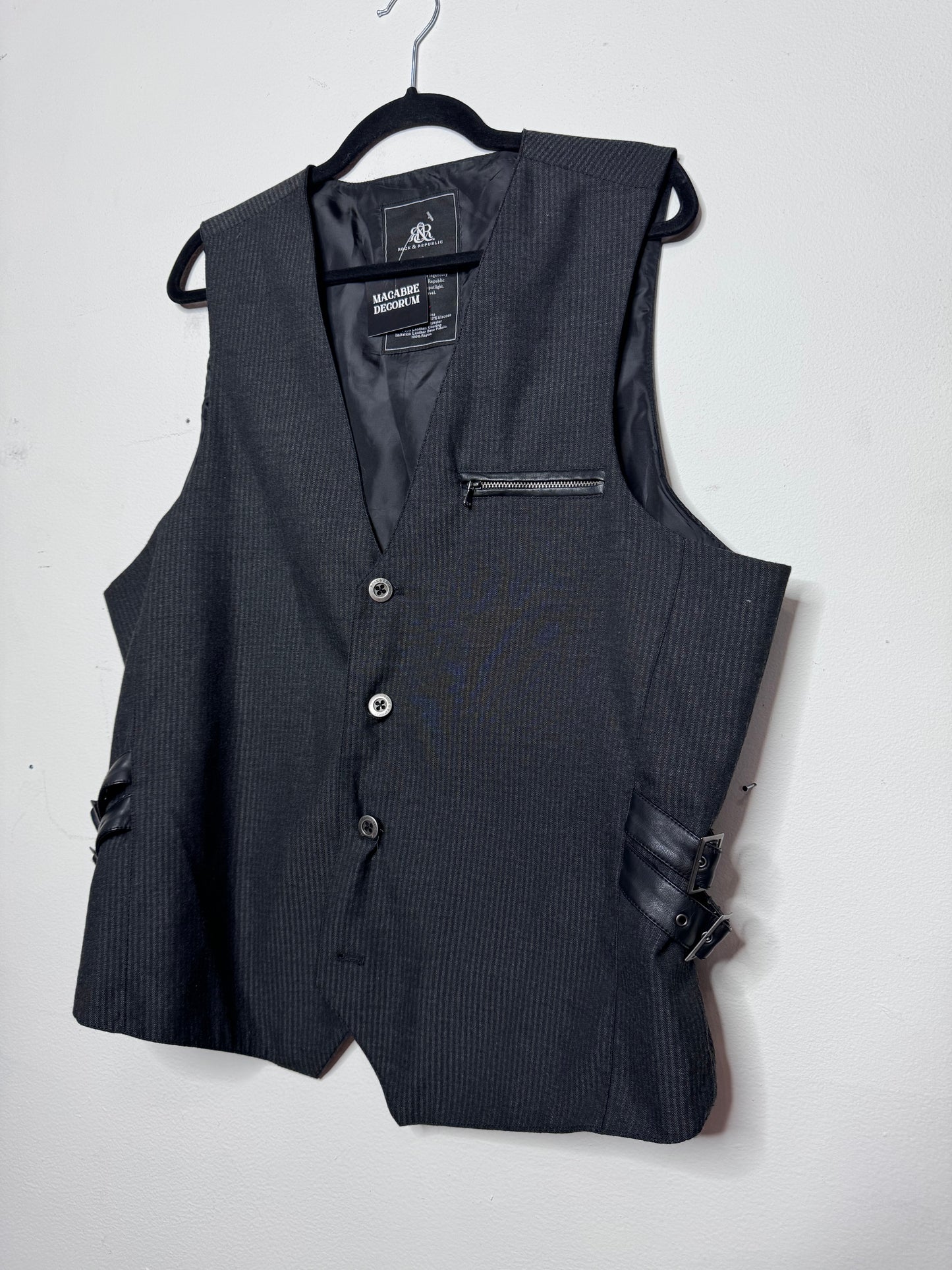 Grey Striped Vest with Leather Accents