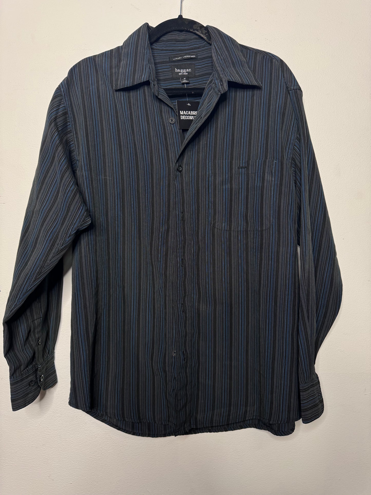 Haggar Blue Black and Grey Striped Button Up
