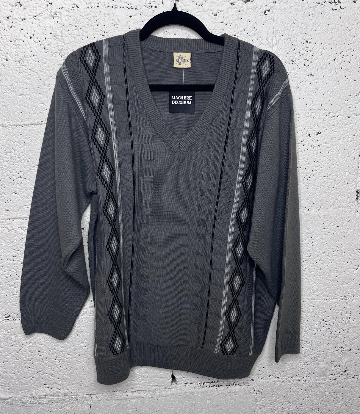 90s Grey V Neck Patterned Sweater
