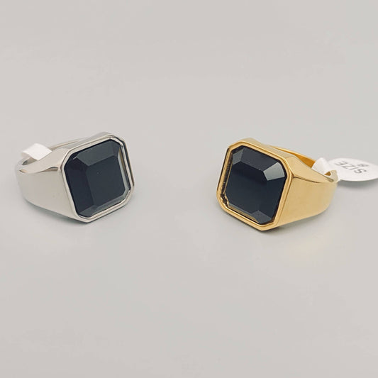 Gold Black Agate Men's Titanium Steel Ring