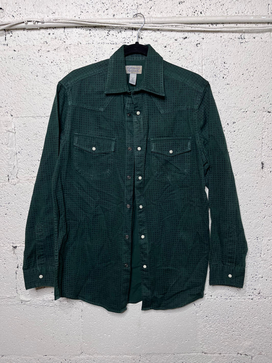 Green and Black Distressed Pearl Snap Button Up
