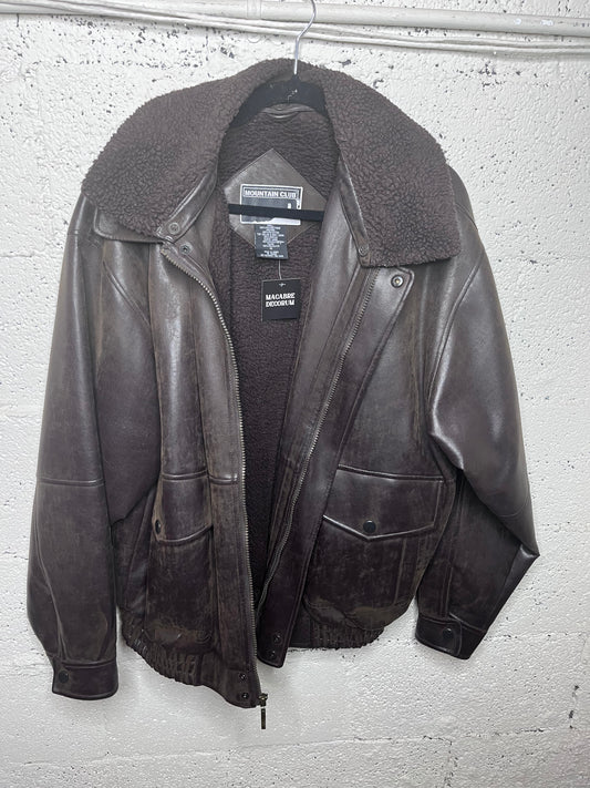 Mountain Club Faux Leather Faded Bomber Jacket with Fur Liner