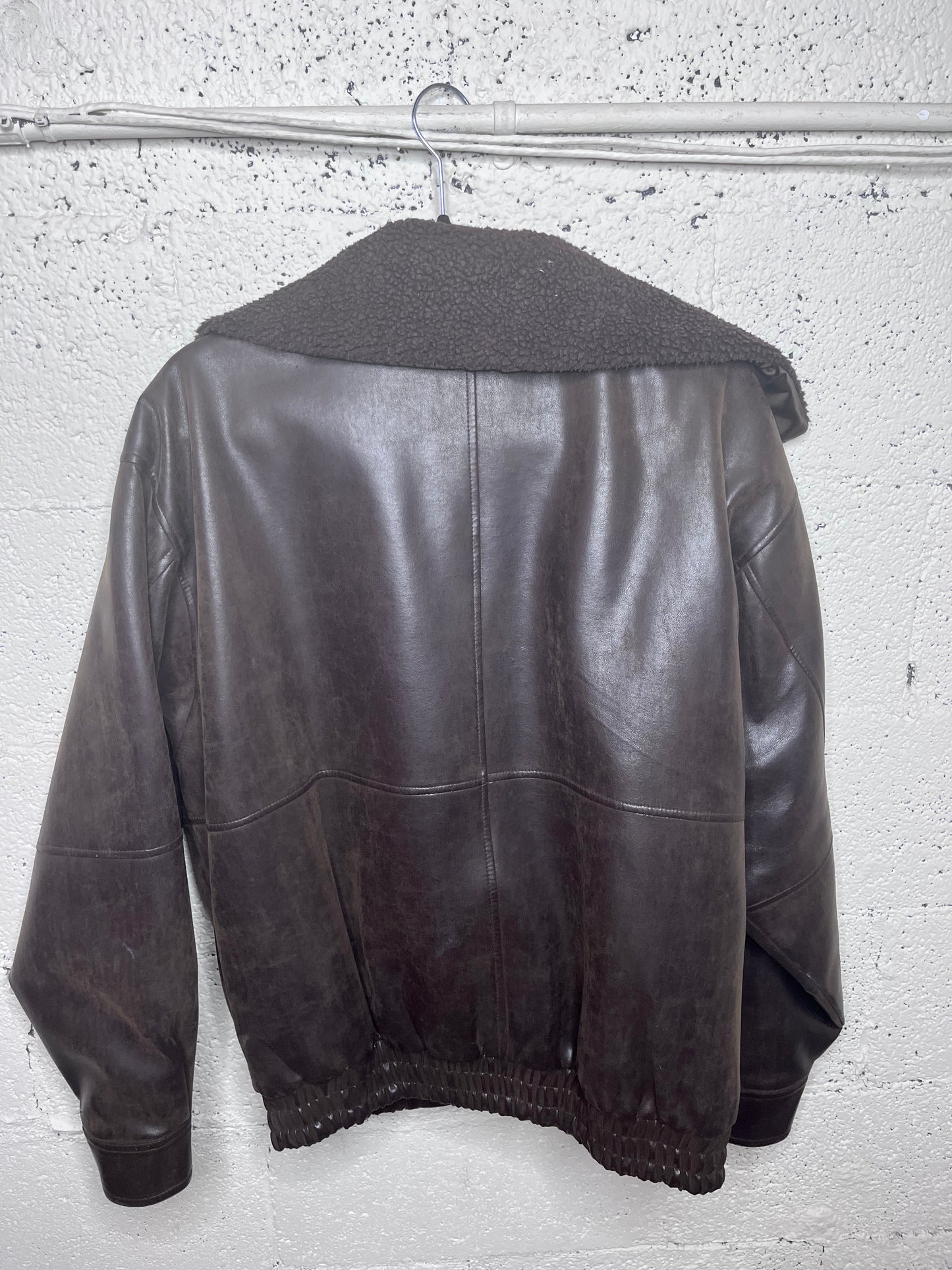 Mountain Club Faux Leather Faded Bomber Jacket with Fur Liner