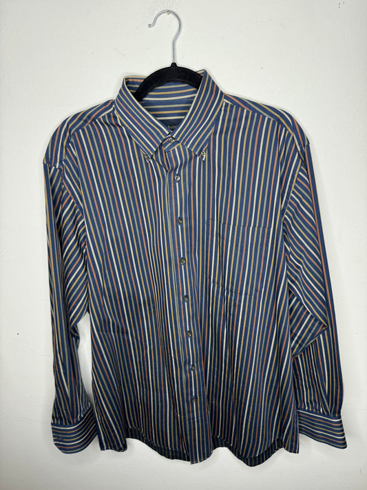 Scott Barber Blue and Earth Tone Striped Button Up