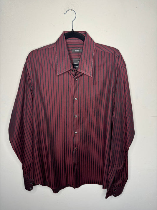 Hugo Boss Maroon and Black Striped Button Up