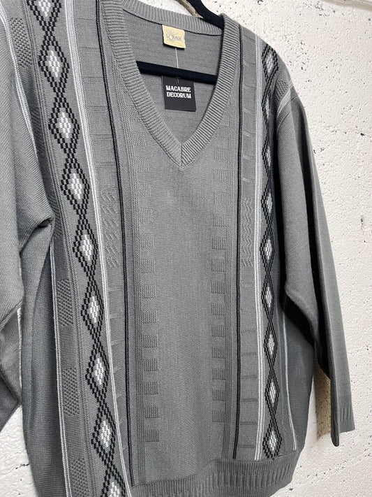 90s Grey V Neck Patterned Sweater