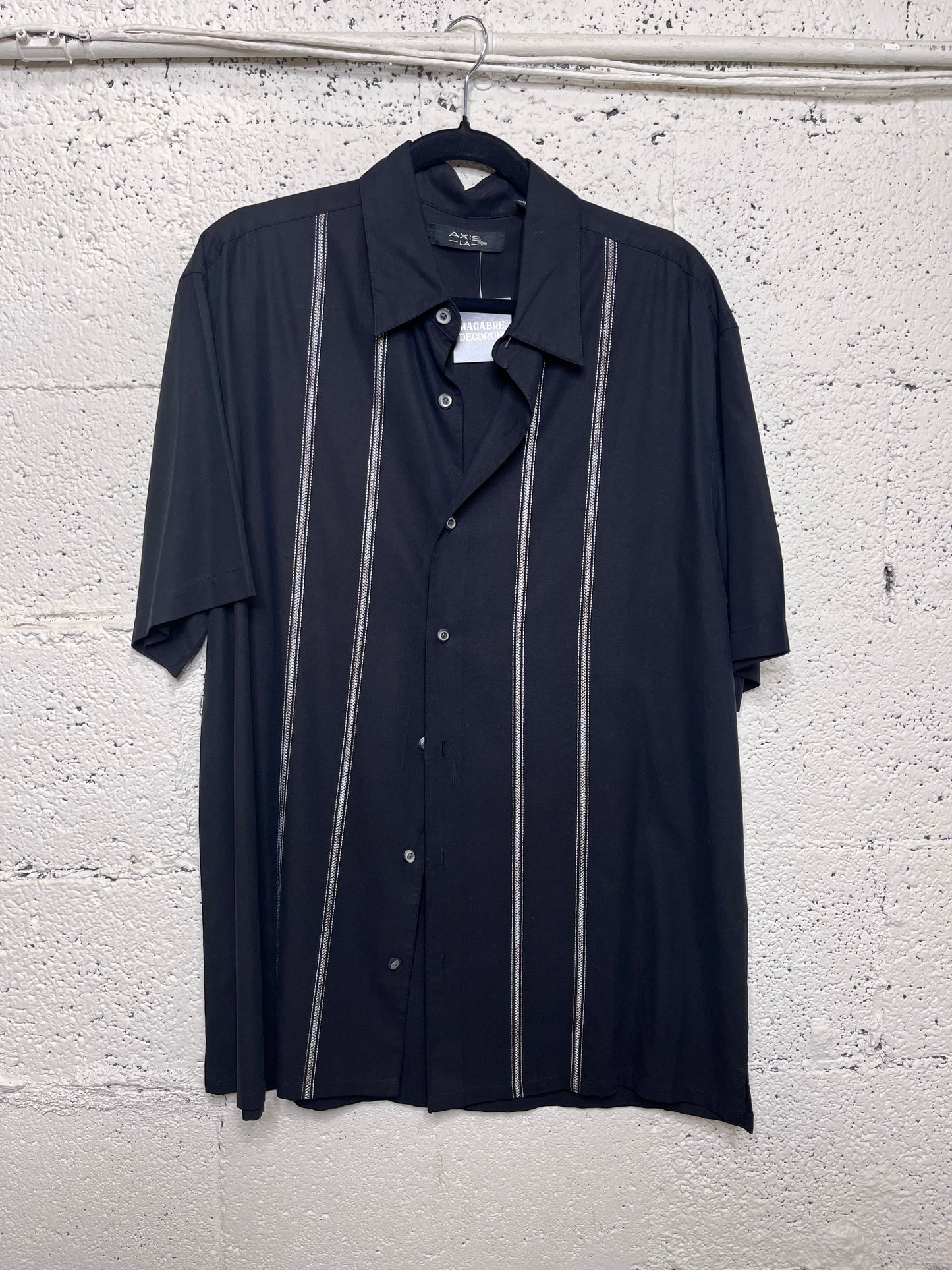 100% Silk Black and White Striped Embroidered Button Up