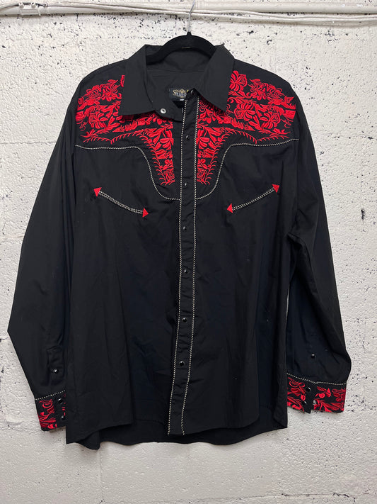 Black and Red Western Embroidered Pearl Snap Button Up