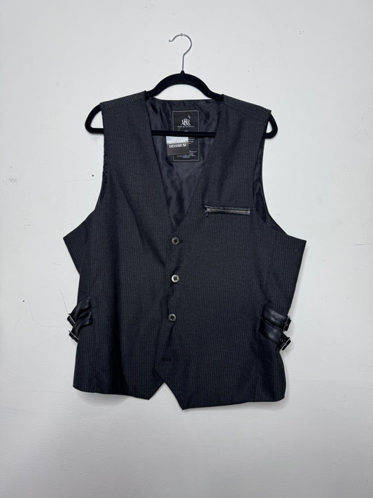 Grey Striped Vest with Leather Accents