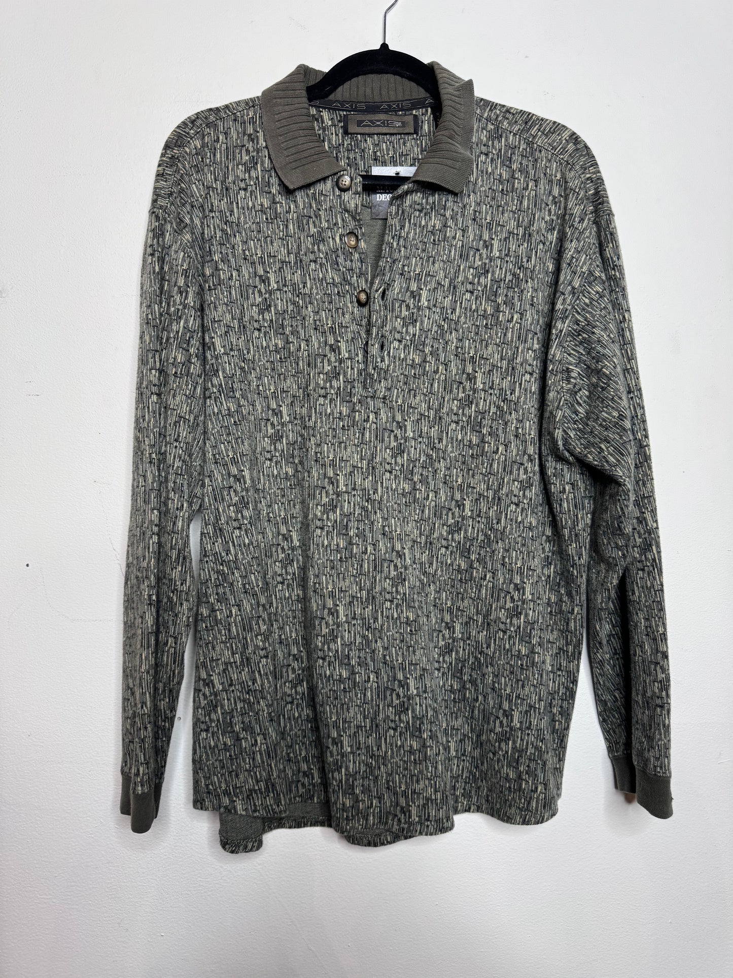 90s Axis Green Patterned Long Sleeve Polo