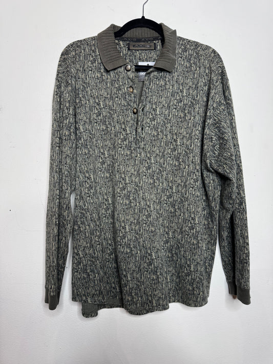 90s Axis Green Patterned Long Sleeve Polo